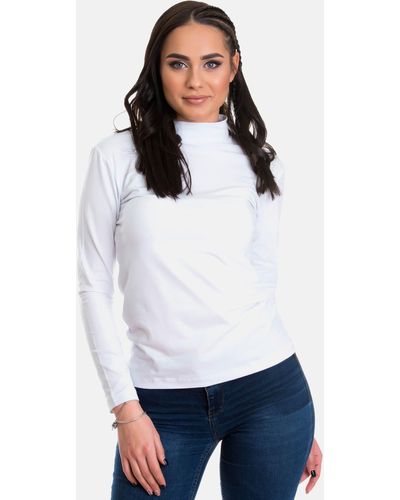 Evoni Langarmshirt Halbkragen Baumwolle Basic-Shirt - Weiß