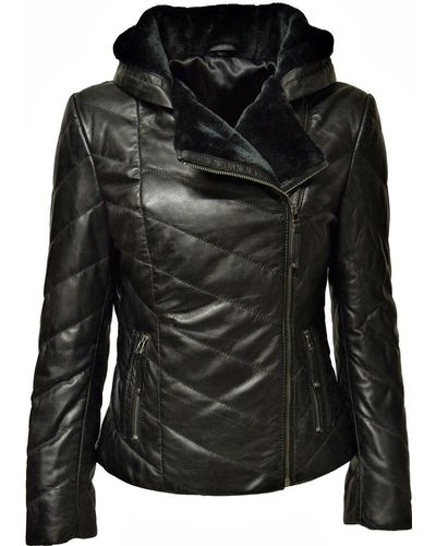 Zimmert Leather Mariella Stepp-Lederjacke aus weichem Leder mit Kapuze - Schwarz