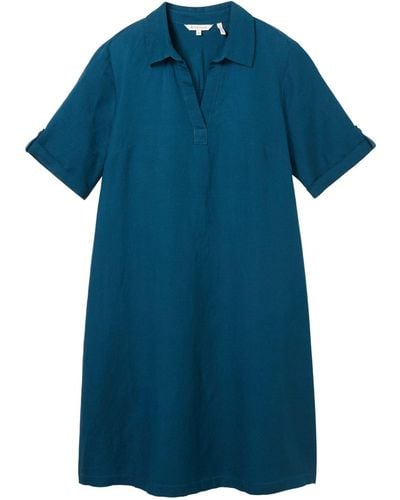 Tom Tailor Midikleid linen dress with polo collar - Blau