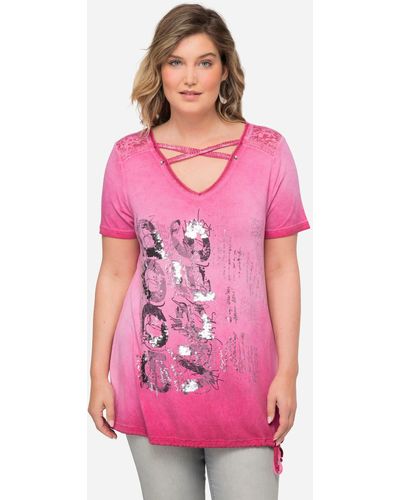 MIAMODA Rundhalsshirt T-Shirt V-Ausschnitt mit Zierbändern Halbarm - Pink