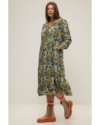 Studio Untold Jerseykleid Kleid A-Line Flower Print V-Ausschnitt Langarm - Grün