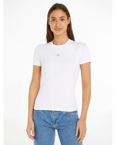Calvin Klein T-Shirt WOVEN LABEL RIB BABY TEE mit Logopatch - Weiß