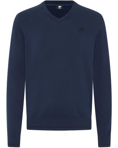 Polo Sylt Strickpullover mit V-Neck und Stickerei - Blau