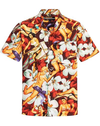 Hawaiihemdshop.de .de Hawaiihemd Hawaiihemdshop Hawaii Hemd Baumwolle Kurzarm Blüten Shirt - Orange