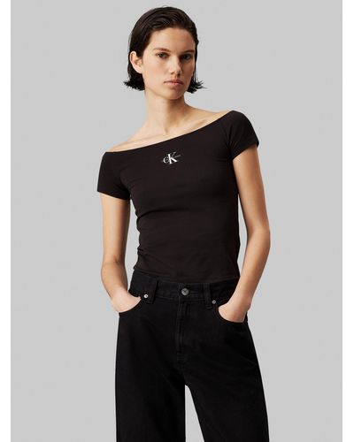 Calvin Klein Shirttop MONOLOGO SLIM BARDOT TOP mit Logodruck - Schwarz