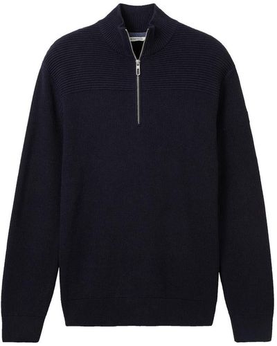 Tom Tailor Sweatshirt structured knit troyer, Knitted Navy Melange - Blau