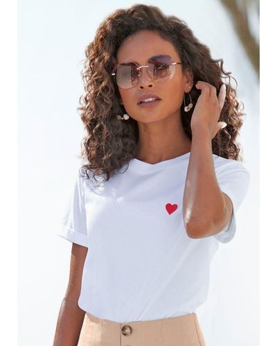 Lascana T-Shirt mit süßer Herz-Stickerei, Kurzarmshirt aus Baumwolle - Weiß