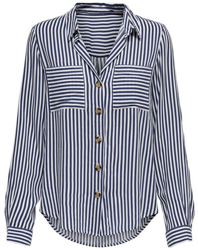 ONLY Hemdbluse Hemd-Bluse asmin Shirt V-Ausschnitt langarm Knopfleiste Kragen - Blau