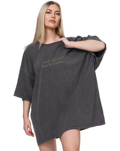 Worldclassca Oversized Print SHE WILL T-Shirt lang Sommer Oberteil - Grau