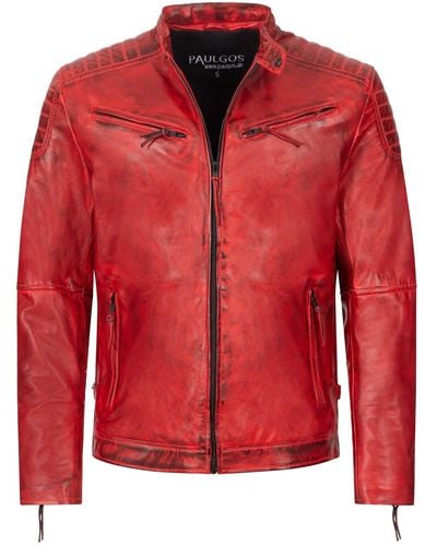Paulgos Lederjacke Jacke Übergangsjacke Biker Look 100% Echtleder D2 - Rot