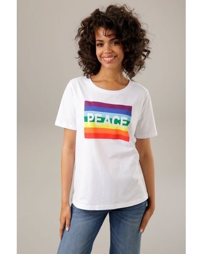 Aniston CASUAL T-Shirt Frontdruck mit Regenbogen und PEACE-Schriftzug - Weiß