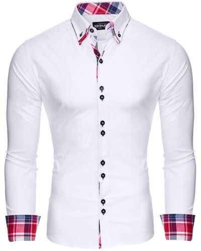 Reslad Hemd Button-Down Slim Fit Langarmhemd RS-7015 Doppelkragen Kontrast Karo Muster Hemden - Weiß