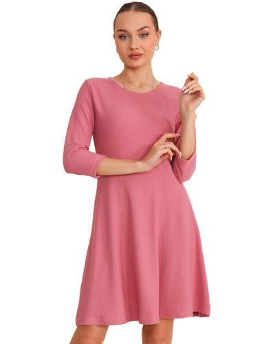 Bongual A-Linien-Kleid Casual Midikleid mit Rippstruktur 3/4-Ärmel - Pink