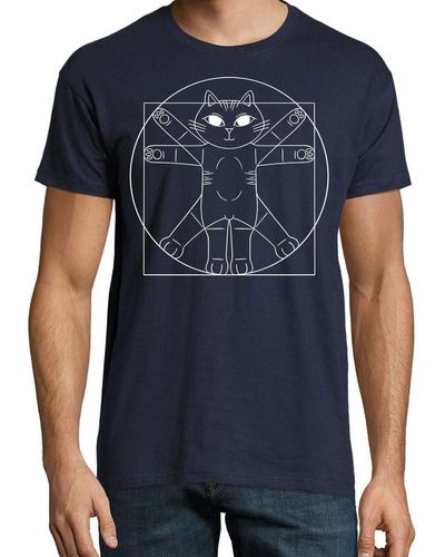Youth Designz Print- Da Vinci Katze T-Shirt mit lustigen Logo - Blau