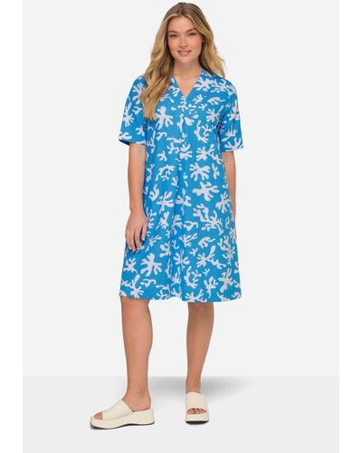 Laurasøn Jerseykleid Leinenmix-Kleid A-Line V-Ausschnitt Halbarm - Blau