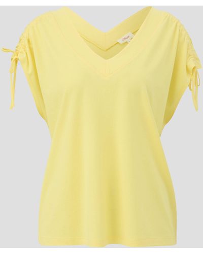 S.oliver Kurzarmshirt Ärmelloses Shirt mit Bindedetails an der Schulterpartie Schleife, Raffung - Gelb