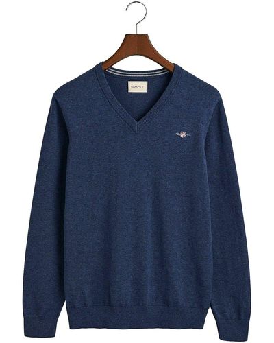 GANT Ausschnitt-Pullover Classic Cotton V-Neck Premium Strickjersey aus weicher 100% Baumwolle - Blau