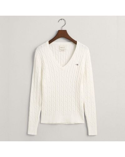 GANT V-Ausschnitt- 4800101 Pullover mit Zopfstrickmuster - Weiß