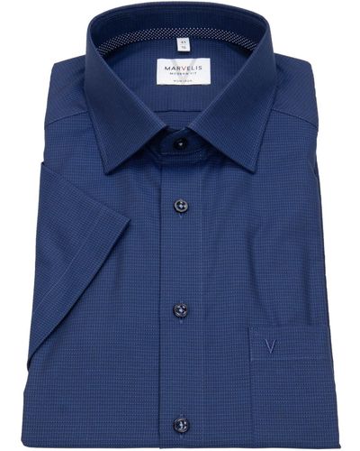 Marvelis Kurzarmhemd Modern Fit leicht tailliert bügelfrei Kentkragen - Blau