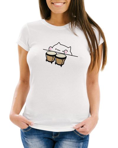 MoonWorks Bongo Cat T-Shirt Meme Slim Fit ® mit Print - Grau