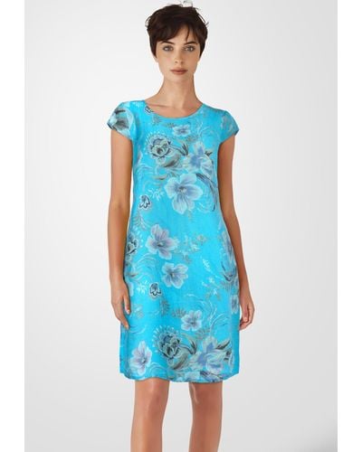 PEKIVESSA Sommerkleid Leinenkleid knielang kurzarm (Einzelartikel, 1-tlg) mit Blumenmuster - Blau