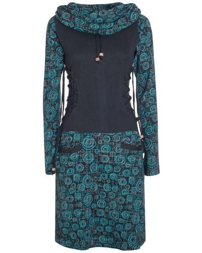 Vishes Jerseykleid Langarm Strickkleid Sweatshirtkleid mit Schnürung Elfen, Hippie, Boho, Goa Style - Blau