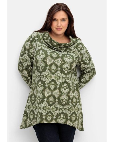 Sheego Sweatshirt Große Größen mit Ornamentdruck und Zipfelsaum - Grün