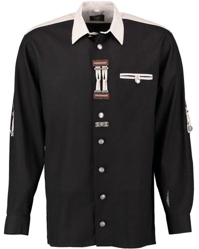 OS-Trachten Trachtenhemd Nevai Langarmhemd mit Paspeltasche, Zierteile auf der Knopfleiste - Schwarz
