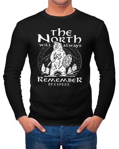 Neverless Longsleeve Bär Wiking Adventure Runen the North Natur Aufdruck Langarm-Shirt Fashion Streetstyle ® mit Print - Schwarz
