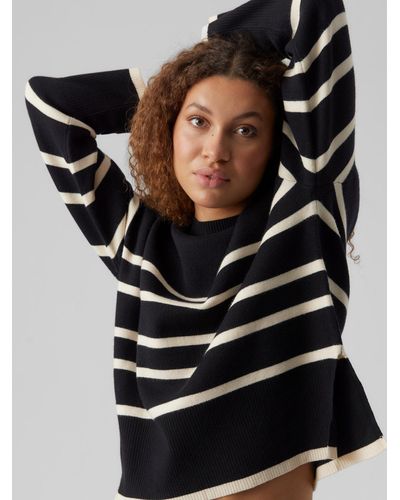 Vero Moda Strickpullover Feinstrick Pullover Oversize Streifen Longsleeve Sweater 6729 in Weiß-Schwarz