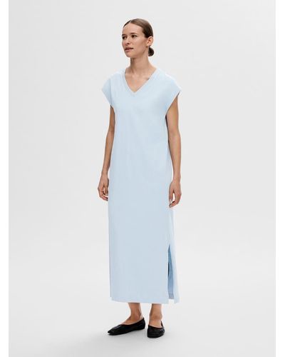 SELECTED Shirtkleid Legeres Sommerkleid Maxi Dress mit Bindegürtel (lang) 7500 in Blau-3 - Weiß