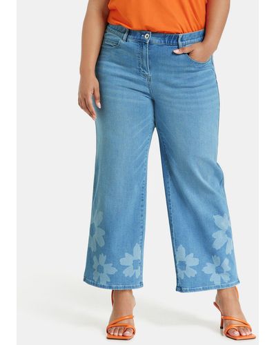 Samoon Stretch- Weite 7/8 Jeans mit Flower-Bleachings - Blau