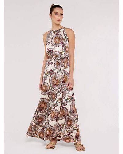 Apricot Sommerkleid mit Paisleymuster, in Neckholder-Design - Grau
