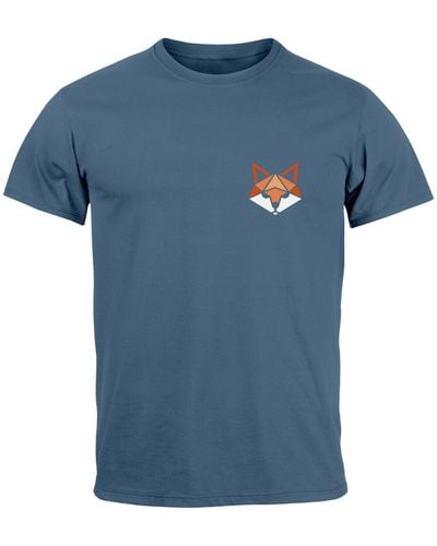 Neverless T-Shirt Fuchsmotiv Brustlogo Aufdruck Tiermotiv Polygon-Style mit Print - Blau