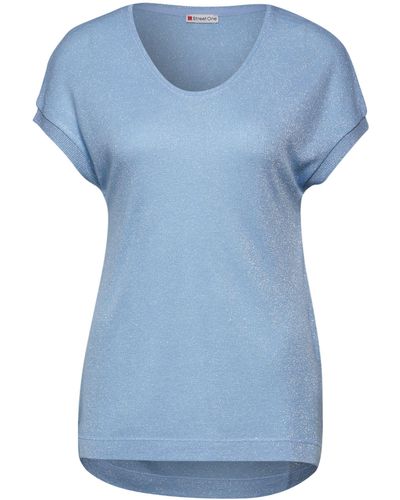 Street One Kurzarmshirt LTD QR v-neck shiny shirt - Blau