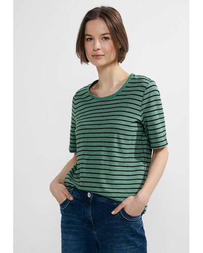 Cecil T-Shirt Flammgarn Streifenshirt in Raw Salvia Green (1-tlg) Nicht Vorhanden - Grün