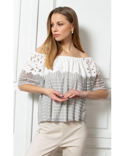 Passioni T-Shirt Sommer Schulterfrei Top mit Blumen und geometrischem Muster - Weiß