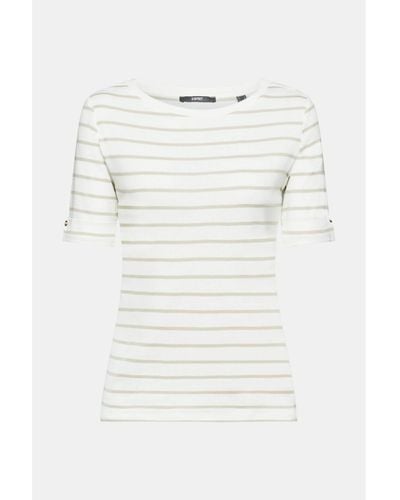 Esprit T-Shirt Gestreiftes Baumwolltop mit rundem Ausschnitt (1-tlg) - Weiß