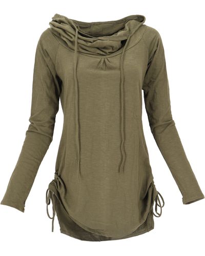 Guru-Shop Longsleeve Longshirt, Minikleid mit weiter Schalkapuze -.. alternative Bekleidung - Grün