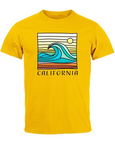 Neverless T-Shirt California South Beach Welle Wave Surfing Aufdruc mit Print - Gelb