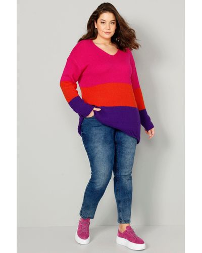 Angel of Style Strickpullover Pullover oversized Blockstreifen V-Ausschnitt - Rot