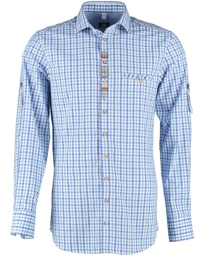 OS-Trachten Trachtenhemd Awulu Langarmhemd mit Edelweiß-Stickerei auf der Knopfleiste - Blau