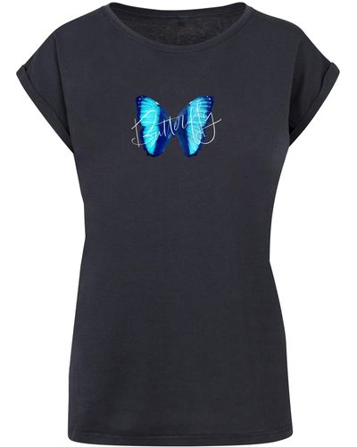Merchcode T-Shirt Ladies Butterfly Blue Extended Shoulder Tee (1-tlg) - Blau