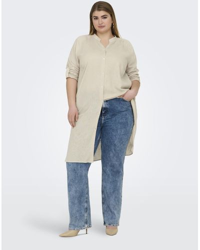 Only Carmakoma Shirtkleid Leinen Blusenkleid Plus Size Basic Long Shirt Dress - Blau