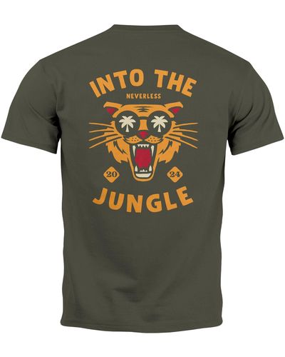 Neverless T-Shirt Backprint Tiger Spruch Into the Jungle Palme Sommer mit Print - Grün