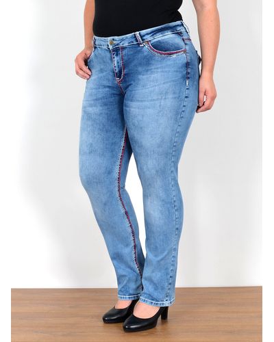 ESRA Straight-Jeans FG12 Straight Fit Jeans High Waist Hose Kontrastnähte bis Plus Size - Blau