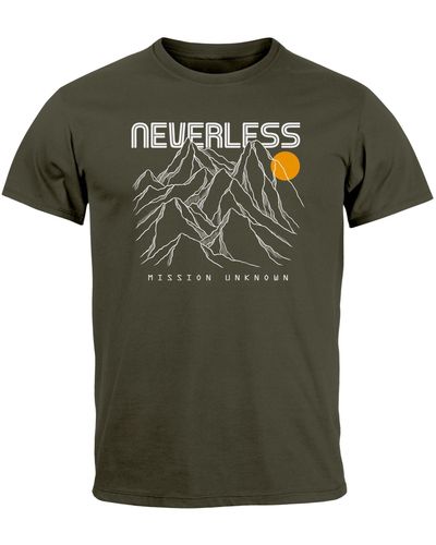 Neverless T-Shirt Frontprint Gebirge Line-Art Printshirt Wandern Outdoor mit Print - Grün