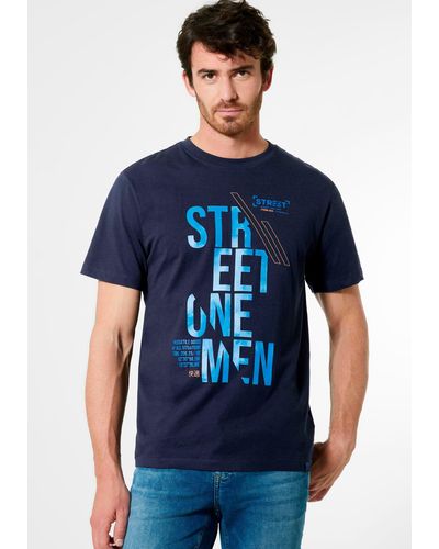 Street One Men T-Shirt mit Label-Front-Print - Blau