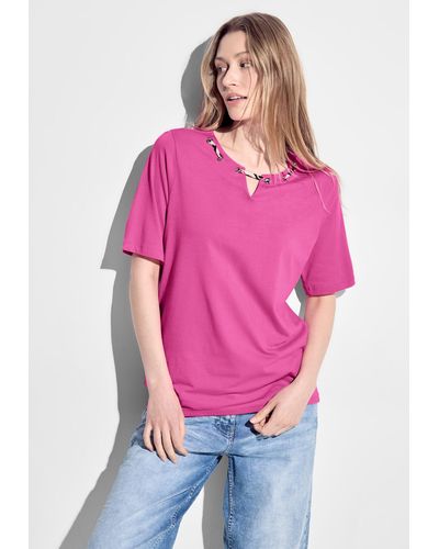 Cecil T-Shirt mit geschlitztem Rundhalsausschnitt - Pink