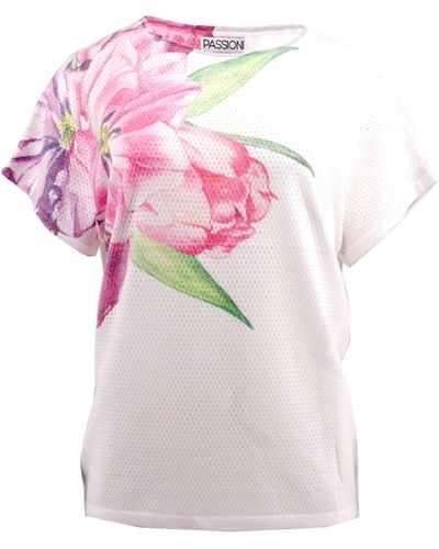 Passioni Print- Perforiertes T-Shirt in Weiß mit Blumenprint Rundhalsausschnitt, und luftig - Pink